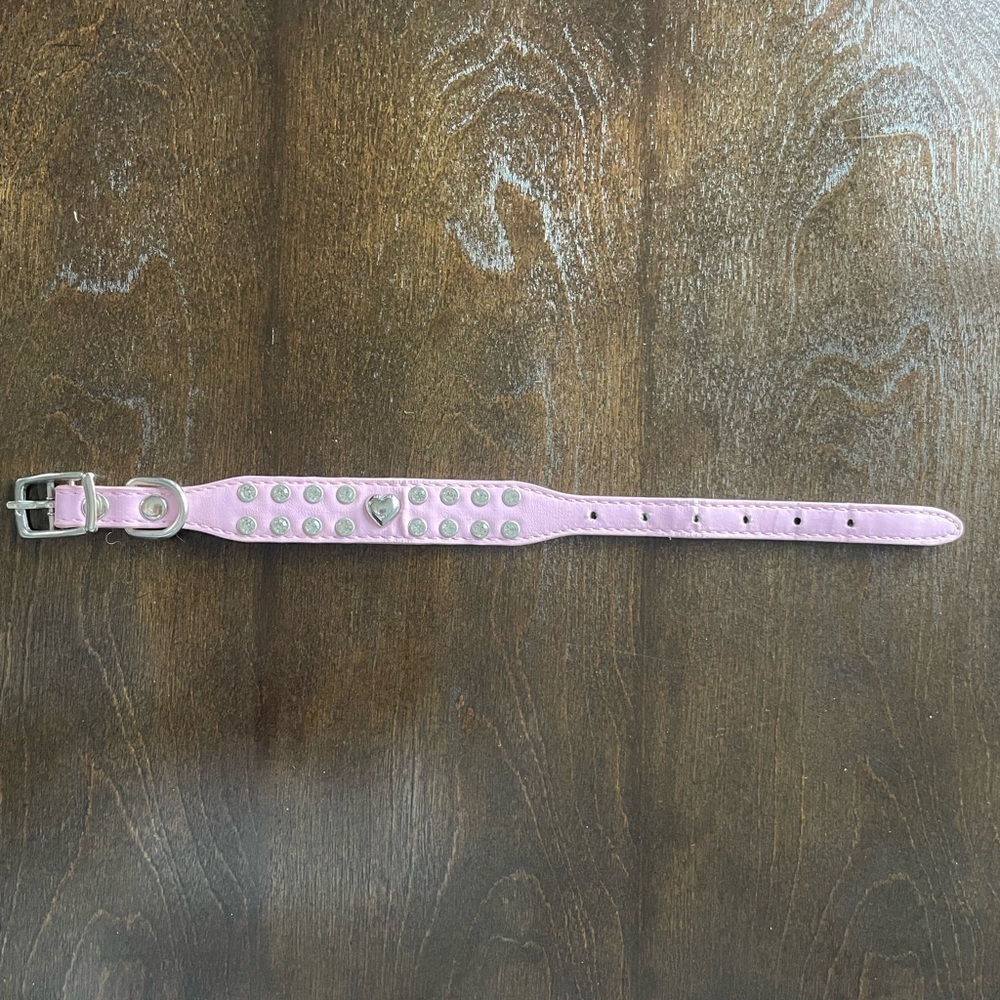 Pretty Pink Dog Collar With Heart And Rhinestones 11 1/2”